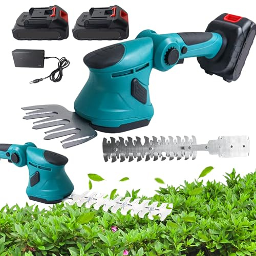 2 en 1 Taille-Haies Électrique sans Fil 21V, Taille-haie et cisaille à Gazon sans Fil 8000rpm avec 2 Batteries, Tête Orientable à 90°, Couteau à Herbe, pour Petits Jardins (2 Batteries)