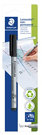 STAEDTLER Folienstift Lumocolor, non-permanent, wasserlöslich, F-Spitze mit Linienbreite ca. 0.6 mm, hohe Qualität, Made in Germany, 1 schwarzer Folienstift auf Blisterkarte, 316-9 BKDA
