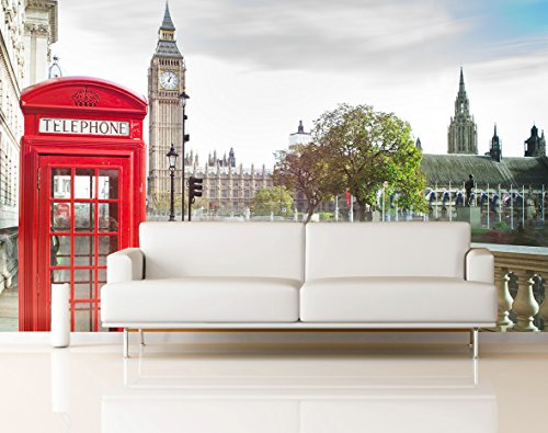 Fotomural Vinilo Pared Cabina Teléfonos y Big Ben Londres | Fotomurales pared | Fotomural Decorativo | Vinilo Decorativo | 200 x 150 cm | Decoración comedores salones |