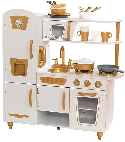 KidKraft Modern vit leksak kök med guldaccenter och 27-delars köksredskap, kökstillbehörsset, trälekkök med leksakstelefon, barnköksset med retro leksakskylm, 53445 – exklusivt för Amazon