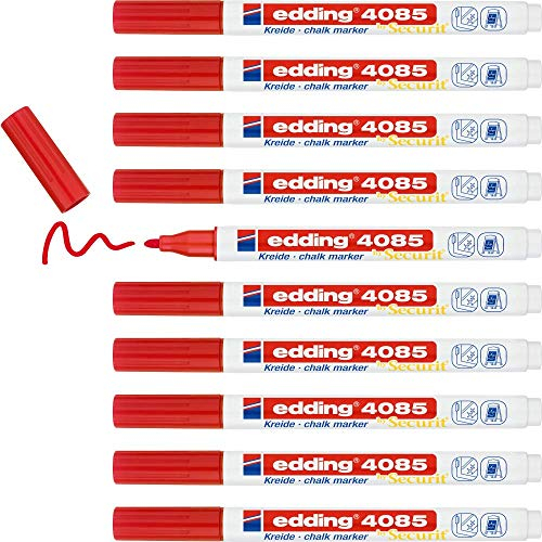 edding 4085 Kreidemarker - rot - 10 Kreidestifte - Rundspitze 1-2 mm - dünner Kreidestift für Tafel abwischbar - zum Beschriften von Fenster, Glas, Spiegel - Tafelstift mit deckenden Farben