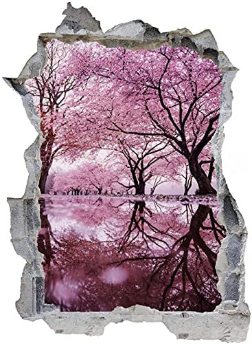 3D-Effekt Wandtattoo Aufkleber Durchbruch selbstklebendes Wandbild Wandsticker Stein Wanddurchbruch Wandaufkleber Tattoo,Rosa Bäume,Größe 70x110cm