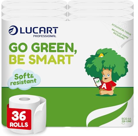 Lucart Professional, 36 Rollen ökologisches Toilettenpapier, FSC-zertifiziertes Recyclingpapier, 3-lagig, 100% recycelt, Papierverpackung, weich und konsistent, weiß, 6 Packungen à 6 Rollen