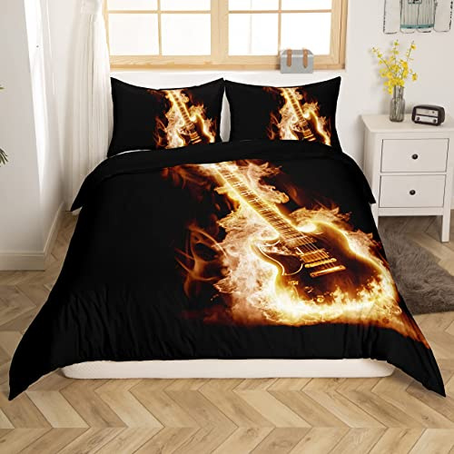 Homewish Gitarre Bettbezug Sets 135x200 Jungen Mädchen E Gitarre Bettwäsche Set Rockmusik Thema Tröster/Bettbezug Dekorative 2 Stücke Bettwäsche Kollektion mit 1 Kissenbezug für Zuhause Schlafzimmer