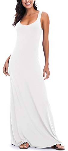 Mujeres Verano Informal Playa Sin Mangas Maxi Vestido Sólido Chaleco Largo Vestido (S, Blanco)