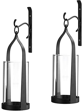 Wisiron Hanging Wall Sconce Medieval Modern Wall Mounted Hurricane Candle Holder Glass & Metal Farmhouse Handcrafted Wall Art Decorations, Black Set of 2 HT21-0205B2