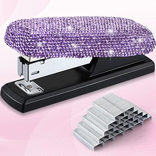 Yexiya Bling Crystal Stapler Sparkly Diamond Stapler Gift for Valentine Day Desk Handmade Clay Rhinestone Machine Pretty Office Stationery Kit Stylish Accessory for Women Lady New Year(Purple)