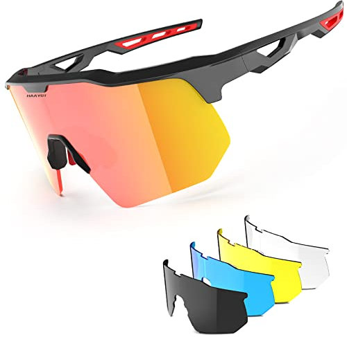 HAAYOT Sports Sunglasses 5 Interchangeable Lenses, Bright Black Red