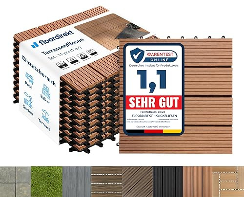 Floordirekt || Royal | Caillebotis Emboîtables | Qualité Supérieure Résistant aux intempéries | Idéales Sol Extérieur, Terrasse, Balcon | 1m² | 30x30cm, Marron Clair