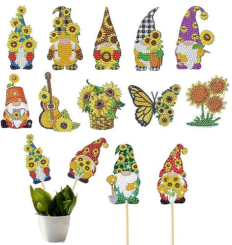Anprola 12Pcs 5D Diamond Painting Art Kits for Garden Decor Sunflower Gnome Stakes Diamond Drill Paint-by-Number Craft Ornament for Beginners Kids Adults
