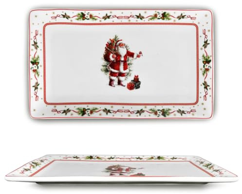 ARCA, Vassoio in Porcellana Rettangolare, con Decorazione Natalizia Babbo Natale, Resistente e Duraturo, Ideale per la Tavola, Idea Regalo Natale, 34x20 cm