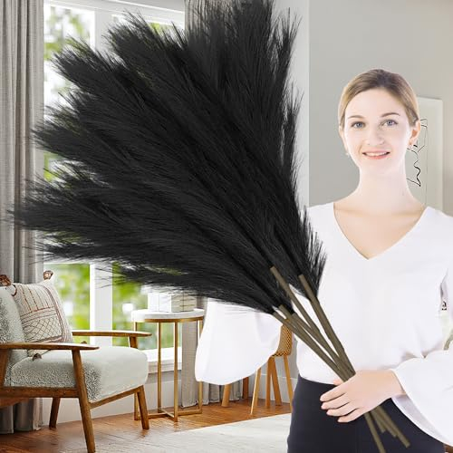 Lighterday 7 Stück Pampasgras Künstlich, 38/97cm Pampasgras Groß, Flauschiges Trockenblumen Deko für Bodenvase, Pampasgras XXL für Wohnzimmer Schlafzimmer Tisch Boho Deko (Schwarz)