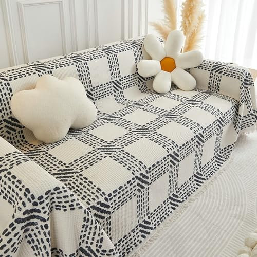 Ayoiow Sofa Überzug Neue Sofabezug Schwarz Sofabezug 2 Sitzer Chenille Quadratisches Muster