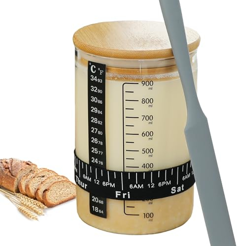 Gärkörbchen Gärkorb Sauerteig Starter Set 1000ml, Sauerteig-Brot-Starterglas mit Futterband Datumsmarkierung, Thermometer, Schrott, Flaschenverschluss aus Bambus, Heimback Gärungszubehör Backen