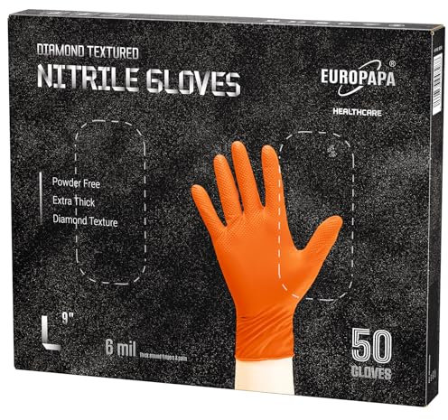 EUROPAPA 50x guanti in nitrile extra spessi DiamantGrip guanti monouso neri e arancioni guanti di protezione per il montaggio guanti da lavoro senza lattice senza polvere (L, Arancione)