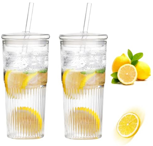 Bicchieri in vetro, 2 pezzi, da 600 ml, con coperchio e cannuccia, in vetro, per frullati, per succhi di frutta, per long drink, bicchiere in vetro con coperchio