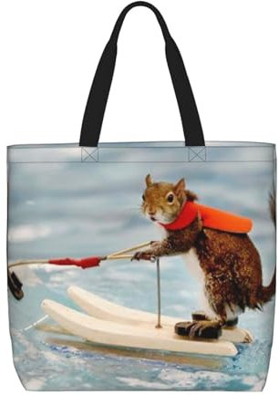 FLYIFE Wasserski-Schultertasche mit Fuchs-Eichhörnchen-Druck, lässig, wiederverwendbar, Einkaufstasche für Shopping, Arbeit, Reisen, Schule, Schwarz , Einheitsgröße