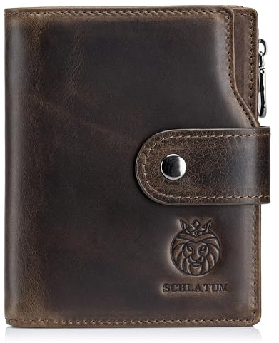 SCHLATUM Mens Leather Wallet Bifold RFID Blocking Vertical Large Capacity with Zipper Coin Pocket 2 ID Windows 17 Card Slots, Coffee