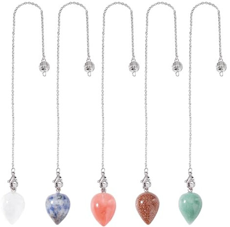 GOMAKERER 5 pendule en Cristal pour la Divination 5 Styles Pendule de Radiesthésie en Pierres Précieuses Synthétiques Naturelles Pendules à Pointe de Larme pour la Méditation Yoga Zen 23cm