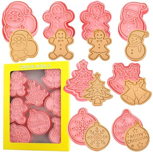 Lot de 8 Emporte Pièces de Noël, Emporte-pièces pour biscuits de Noël, Bonhomme de Pain D'épices, Arbre de Noël, Flocon de Neige, Chaussette, Renne, Pour la pâtisserie de Noël