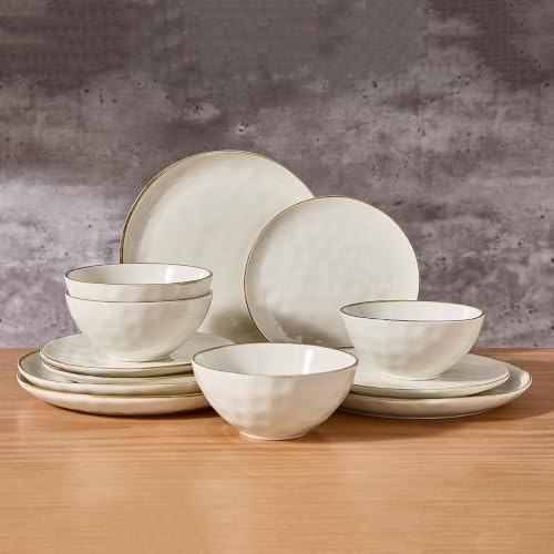 Richmount Ocean 12 Piece Dinner Set, Stoneware 3D Wave Relief Irregularly Shaped Plates and Bowls Set, Reactive Glaze Dinnerware Sets for 4, Dishwasher & Microwave Safe, Stylish & Durable, Beige