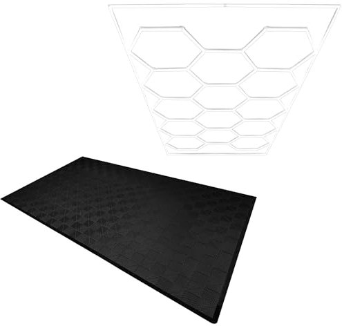 Pavimentazione modulare ventilata 120 piastrelle nere con bordi + 14 luci LED esagonali 6500K, 3 opzioni di montaggio e kit sospensione. Copertura garage 3,2x6m 19,2m².