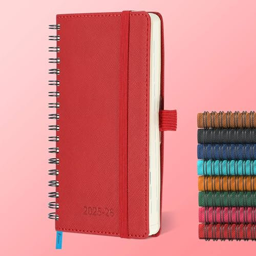 IN-LUXPRO Kalender 2025 2026 Wochenplaner,A6(16.6 x 9.7cm),18-Monate Buchkalender (Jul.2025-Dez.2026) Ringbuch mit Softcover,wochenkalender mit selbstklebendem Stifthalter,Rot.