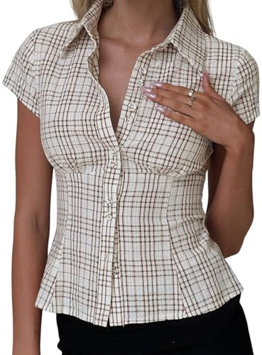 Owegvia Chemise à carreaux boutonnée à manches courtes et col étroit pour femme, café, S