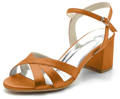 KUHAOFEU Sandalo da Sera per Donna con Tacco Medio Largo Scarpe da Cerimonia Aperta con Fibbia Regolabile,Arancia,41 EU