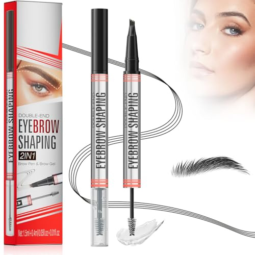 Augenbrauenstift mit Gel, 2025 Neu 2-in-1 Microblading Augenbrauenstift Augenbrauengel mit 4 Gabelspitzen, 3D Mikro Brow Pen Sealing Brow Gel Wasserfester Magischer Eyebrow Pencil (04#-Schwarz)