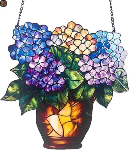 Pannelli in vetro colorato con ortensia, vaso in acrilico colorato, acchiappasole da appendere alla finestra, decorazione per casa, parete, finestra, decorazione astratta da parete (viola, 20,5 x 19,5