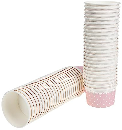 BEBEMOKO Cuencos Desechables para Helado 50 Unidades 200 Ml Papel Grueso Rosa Borde Estampado Uso Doméstico y Fiestas Recipientes para Postres Yogur Gelatina