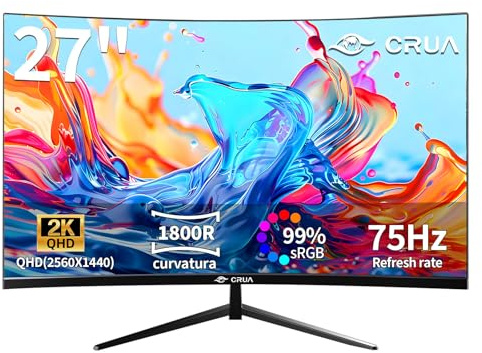 CRUA 27 Inch 2K QHD Curved Monitor, 2560x1440, 75Hz Computer Display with HDMI & DP, VESA Wall Mount, Eye Care PC Monitor for Office Work and Gaming