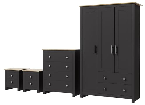 Nera 4 Piece Bedroom Furniture Set 3 Door Wardrobe with Drawer Set Chest of Drawers and Bedside Cabinet Bedroom Storage (Grey on Oak)