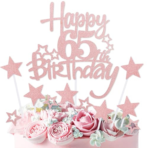 mciskin Rose Gold Happy 65th Birthday Cake Toppers,65th Birthday Decorations for Women,Personalised Cake Topper Rose Gold Glitter Star Cupcake Toppers for Girls Women Party Decorations Supplies