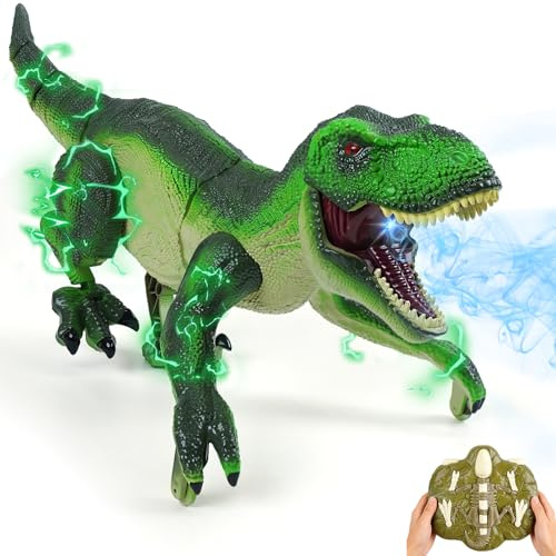 ToyFuntasy Remote Control Dinosaur Toy for Kids - Birthday Gift for Boys Aged 3 4 5 6 7 8 9 10 11 12 - Interactive Walking Dino with Light, Spray, Roaring - Olive Green