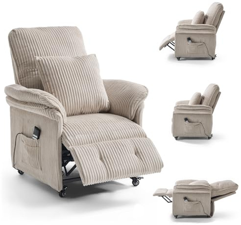 Asukale 2 Motoren Elektrischer Relaxsessel, Fernsehsessel mit Liegefunktion, TV Sessel Wohnzimmer mit Rollen, Verstellbarer Rückenlehne & Fußstütze, 2 Seitentaschen, Cord Couch, Beige