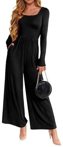 Sukiglam Tuta Intera Donna Manica Lunga Scollo Quadrato Jumpsuit Casual Monopezzi e Tutine Vita Alta Aderente Gamba Larga con Tasche One Piece Rompers Lungo Elegante Overall Primavera Autunnali