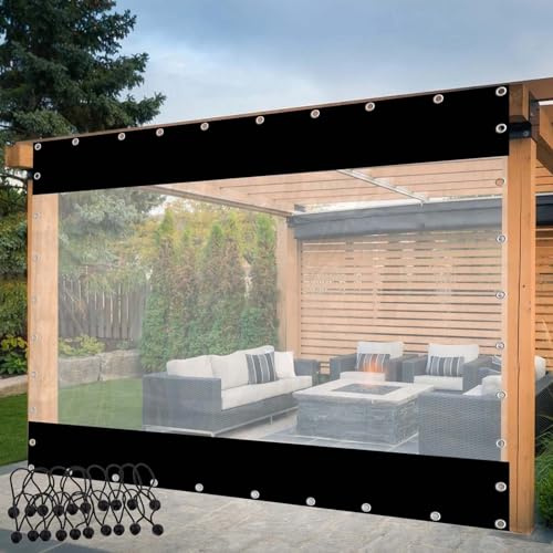 Cortinas impermeables transparentes para pérgola, paneles laterales de PVC resistentes con ojales para cenador y porche, color negro personalizable (2,8 m de alto x 3,5 m de largo), solución de