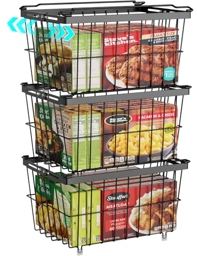 iSPECLE Freezer Organizer Bins - 3 Pack Adjustable Width for 5 to 7 Cu.Ft Chest Freezers, Stackable Freezer Wire Storage Baskets for Deep Freezer Organization, Assembly Required, Black