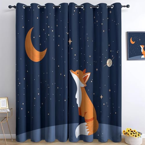 Fuchs Wärmeisoliert Abdunkelnd Lichtundurchlässig Vorhänge für Jungen Mädchen, Cartoon Fuchs Sternenhimmel Blickdicht Thermovorhang aus Polyester Privatsphäre Schützende Gardinen, 160 x 140 cm, Blau