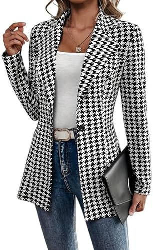 Blazer da Donna Blazer Lungo Pied De Poule da Donna Elegante vestibilità Slim Giacca con Revers A Lancia Classico Cappotto Spolverino A Quadri Pied De Poule Bianco E Nero Casual da Lavoro Capispall