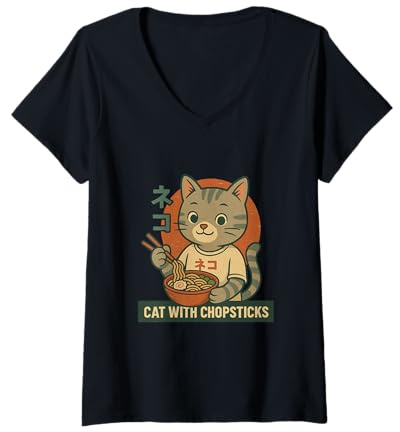 Mujer Arte Retro de Ramen de Gato con Palillos Camiseta Cuello V