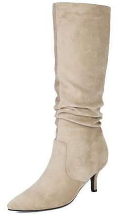 Knähöga stövlar i mocka för dam, eleganta knähöga stövlar med spetsig tå veckad design och stilettklackar höga stövlar höst- och vinterslip-on-skor för utomhusfester,Beige,43 EU