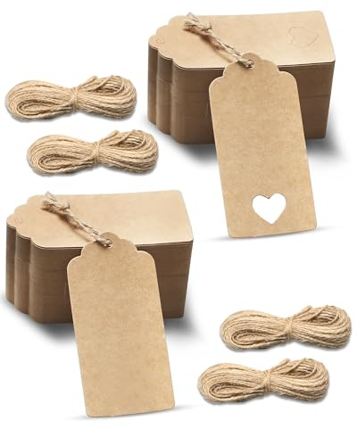 200 Pezzi Etichette Regalo 9,5 x 4,5 cm - Etichette in Carta Kraft con Spago di Juta 40 Metri - Tag Regalo per Fai Da Te, Matrimoni, Regali e Decorazioni (Marrone)