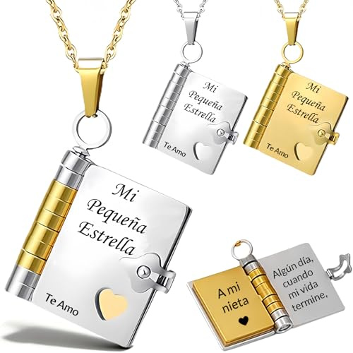 Collar Libro Para mi Nieta Personalizado Colgante de Libro Para Nieta Español Abierto con 6 Páginas de Información Grabada Ajustable Collar Nombre Personalizado Regalo de Cumpleaños (A, Oro+Plata)