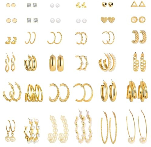 JSTHHTT 36 Paar Gold Perlen Ohrringe Set Ohrstecker für Damen Verschiedene Ohrringe Set Lang Baumelnd Tropfen Hängend Creolen Gold für Damen Mädchen Mode Kettenglied Creolen Ohrstecker Tropfen
