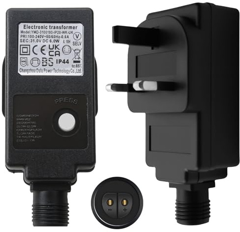 31V 6W Transformer Plug Yard Inflatable Adapter for Garden Spike Lights Spotlights LED Adapter IP44 Waterproof with Timer 8 Modes LED Adaptor Replacement for String Light Rope Lights with BS Plug
