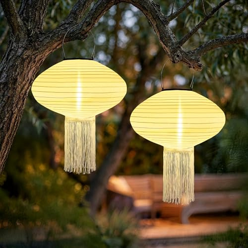 iShabao Solar Lampions Außen Wetterfest, 2 Stück 20cm Solarlampen Hängend | IP65 Wasserdicht Nylon Solarlaterne für Außen, Warmweiß LED Solar Laternen für Draußen Garten Balkon Terrassen Party Deko