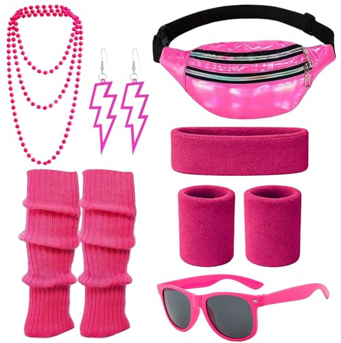 80-tal outfit dam retro kostym kläder accessoarer 80-tal 90-tal kläder kostym tillbehör pannband, armband, benvärmare, örhängen, bältesväska och glasögon för karneval neonfest (7, rosa, en storlek)